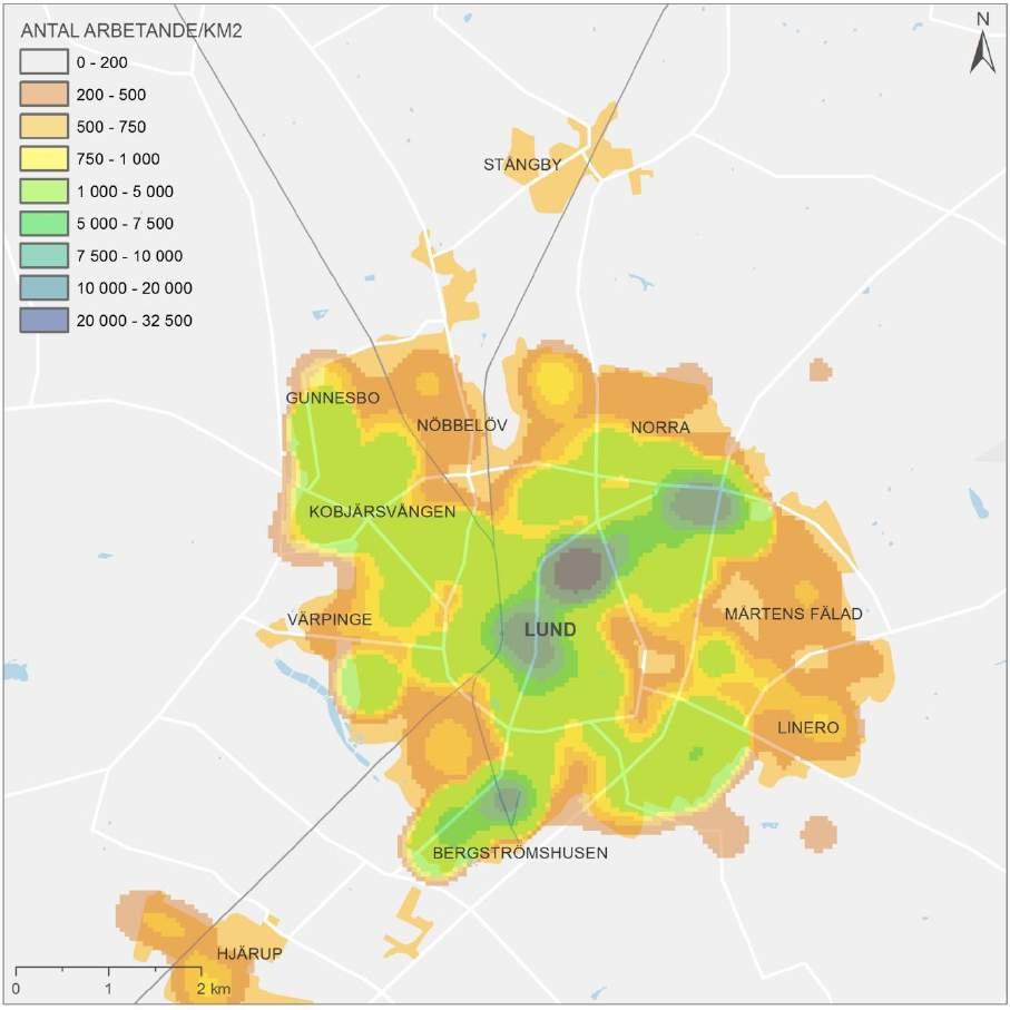 7.4.2. Sysselsättning I Lunds kommun fanns år 2007 ungefär 65 000 arbetstillfällen. Antalet arbetsplatser i Lund har ökat markant de senaste åren. Figur 60. Arbetsplatser i Lunds tätort.