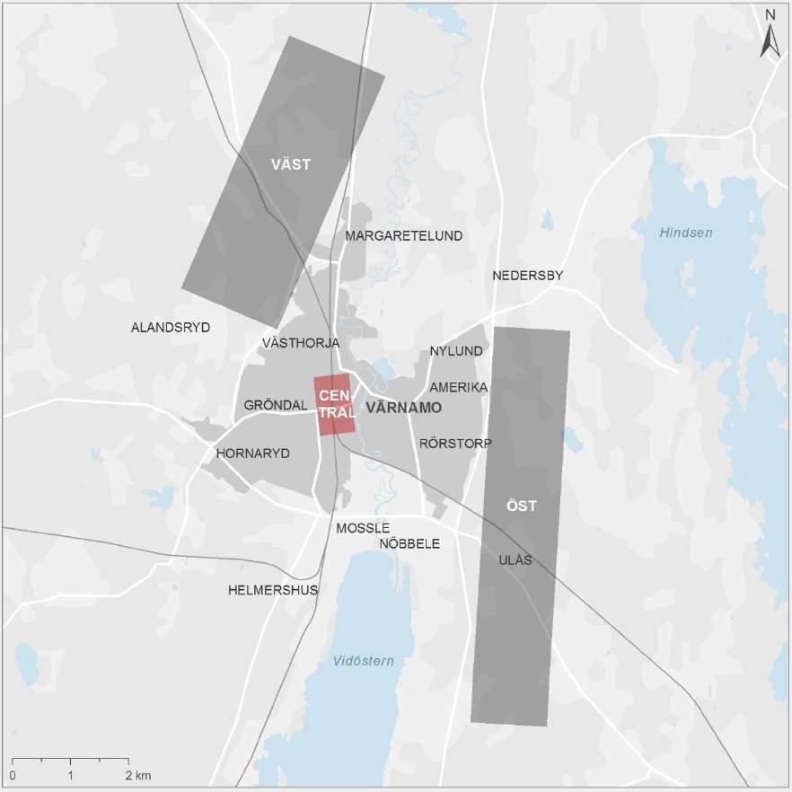 8.6.4. Potentiella effekter Värnamo centralt Figur 77. Principiellt stationsläge Värnamo centralt markerat i rött.