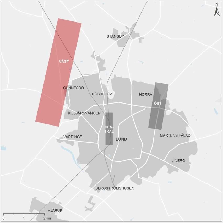 8.8.2. Potentiella effekter Lund väst Figur 89. Principiellt stationsläge Lund väst markerat i rött. Tillgänglighet Beroende på var stationen förläggs påverkas tillgängligheten på olika sätt.