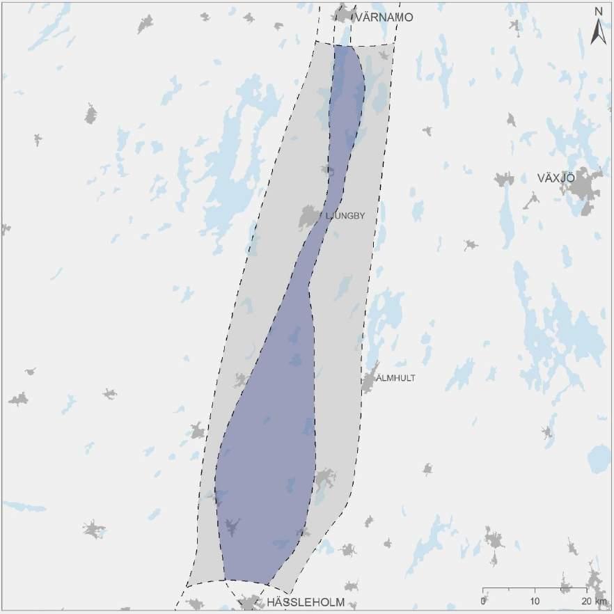 8.10.4. Potentiella effekter Värnamo-Hässleholm delområde central Figur 105. Sträckan Värnamo-Hässleholm delområde central.