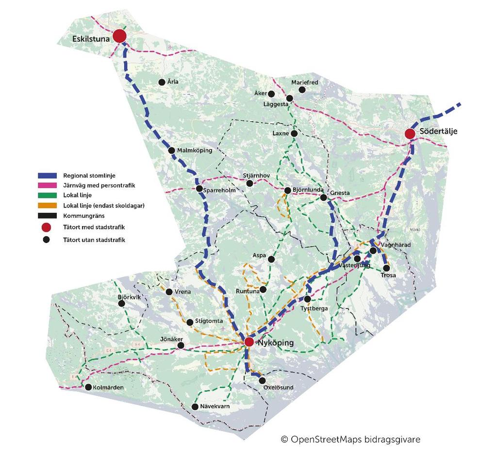 Nuvarande kollektivtrafik och resande i område Gnesta,, Oxelösund och Trosa Nuvarande trafik och resande Regional kollektivtrafik Linjetrafiken i området utgörs av stadstrafik och strafik.