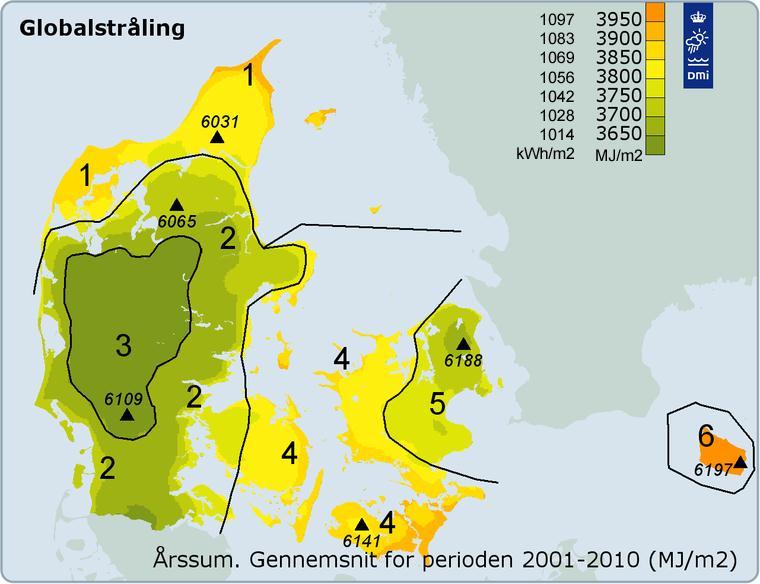 Figur 4 Global solinstrålning under ett år mot en horisontell yta i Danmark, medel för perioden 2001 2010. Från [14], med tillägg av enhet kwh/m 2.