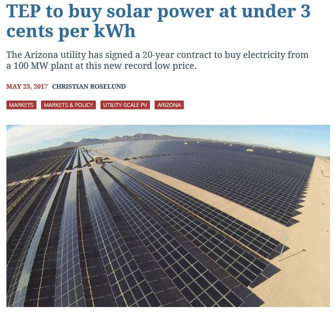 Lägst a pris i USA f ör solel Arizona Under 24 öre/ kwh för solcellspark på 100 MW