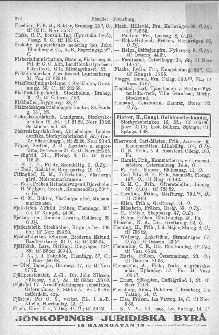 374 Fischier- Flensburg. Fischier, P. E. 1'1., Rektor, Brunnsg. UFl, G.; Flach, Hillevid, Fru, Karlavägen 66, O.Dj.; tlf 8211, Norr 5531. tlf 73255. Fiske, C. P., konsult. Ing. (Ugnstekn.