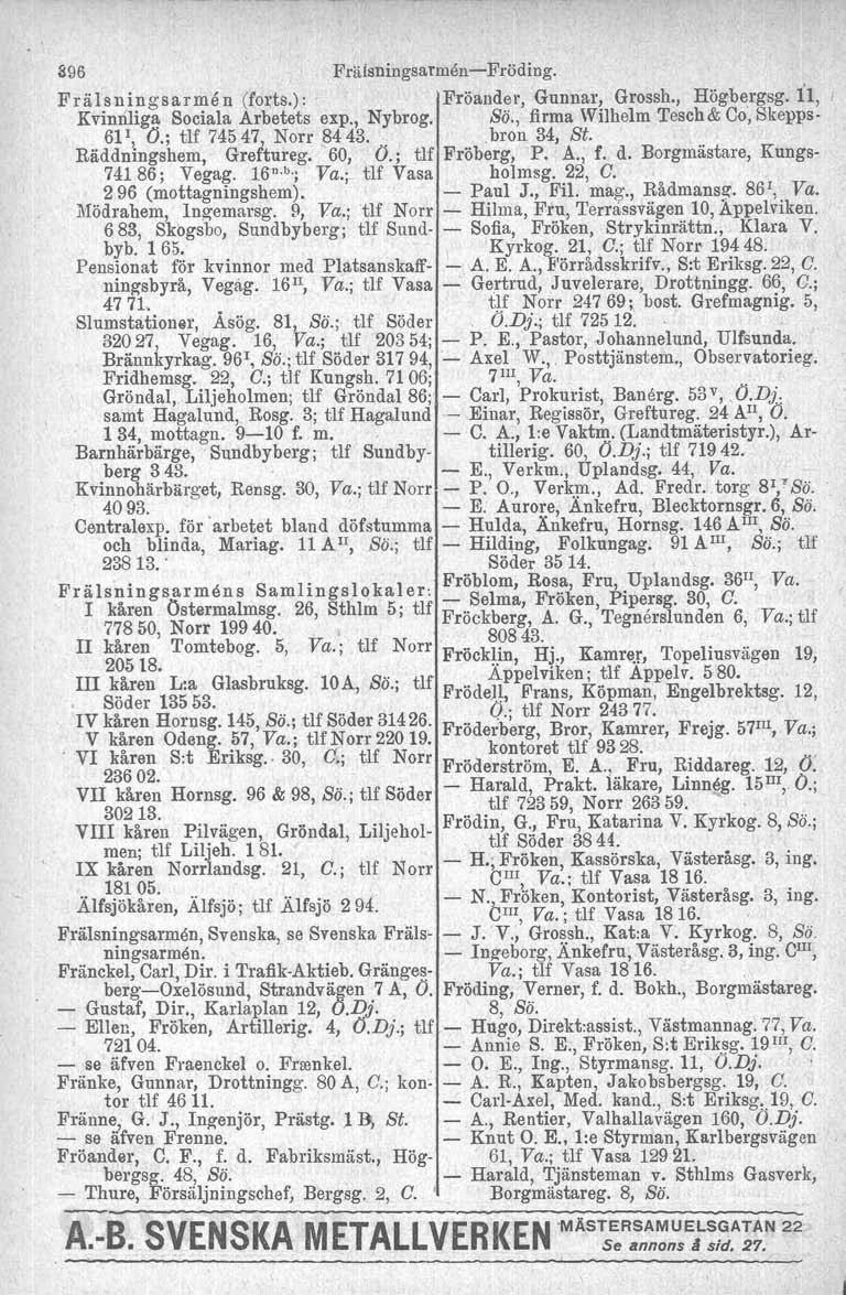896 Fräisningsarmen-Fröding. Frälsningsarmen (forts.): Fröande!', Gunnar, Grossh., Högbergsg. il,, Kvinnliga Sociala Arbetets exp., Nybrog. ss., firma Wilhelm Tesch& Co, Skepps- 6F, O.