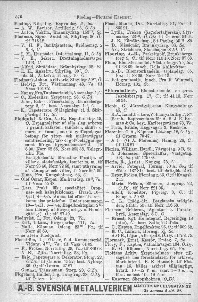 376 ' Floding-Flottans Kaserner. Floding, Nils, Ing., Ragvaldsg. 21, Sö. Flood, Manne, Dir., Norrtullsg. 31, Va.; tlf - A. W., Revisor, Artillerig. 23,' O.Dj. I 83021- - Anton, Vaktm., Brännkyrkag.