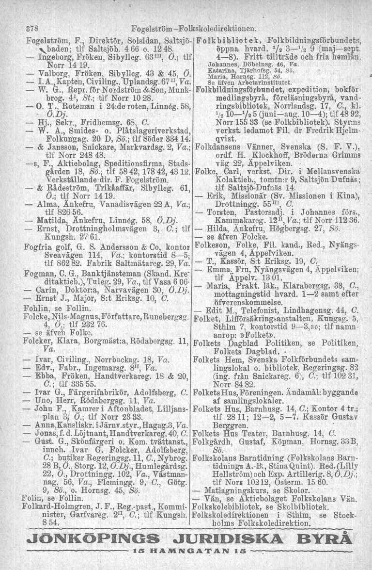 . 378 Fogelström-Folkskoledirekhonen. Fogelström, F., Direktör, Solsidan, SaltSjö-/ F olk b i blio t ek,.folkbildningsförbundets,,baden; tlf Saltsjöb. 466 o. 1248, öppna hvard. lh 3-1 /2 9 (maj-sept.