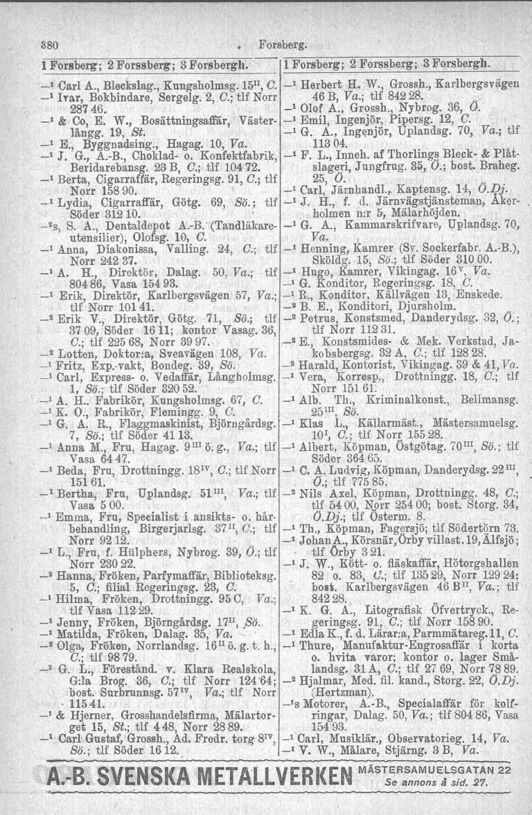 880 Forsberg. l Forsberg; 2 Forssberg; 3 Forsbergll. 1 Forsberg; 2 Forssberg; 3 Forsbergb. -' Carl A., Bleckslag., Kungsholmsg.Tå", G. -' Herbert H. W., Grossh.