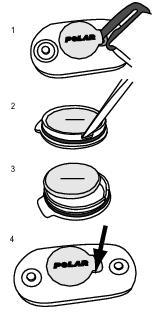Byta batteri på Polar H1/H2/H3 pulssensor 1. Lyft upp batterilocket genom att använda spännet på bältet. 2. Ta bort det gamla batteriet från batterifacket med en pinne i lämplig storlek, t.ex.