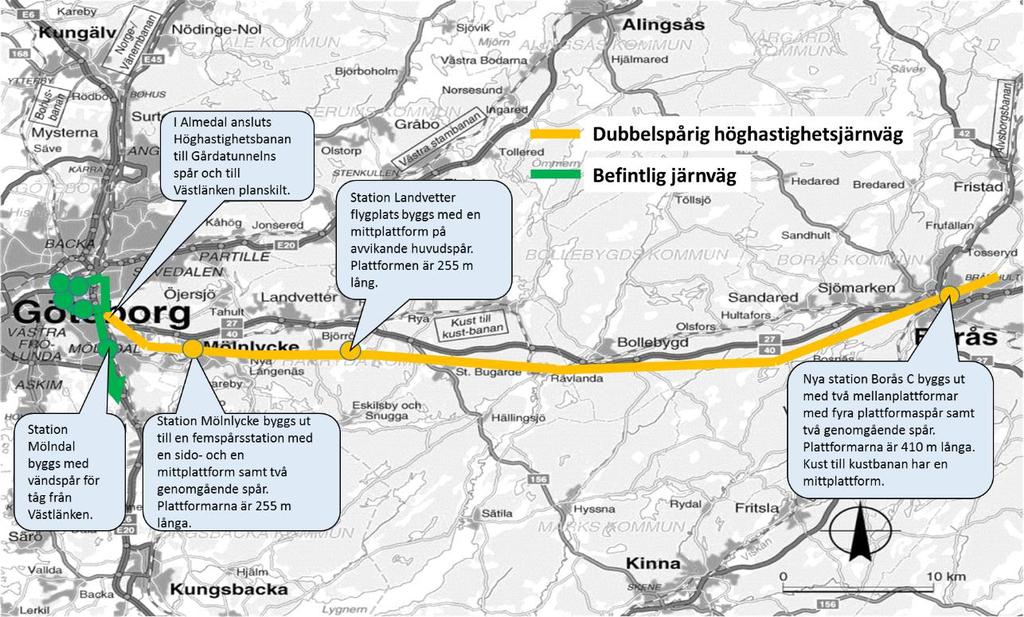 3. Trafikering etapputbyggnad med höghastighetsjärnväg 3.1. Infrastruktur med etapputbyggnader Följande etapputbyggnader har studerats: 1. Ostlänken och Borås Göteborg 2.