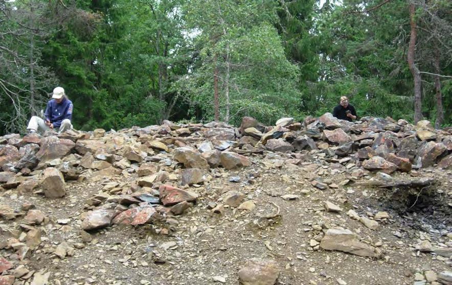 Figur 31. Gamla varphögar med bland annat förhöjda halter av ädelmetaller, docent Karin Högdahl (t vänster), institutionen för geovetenskaper, Uppsala universitet, med en student i fält i Bergslagen.