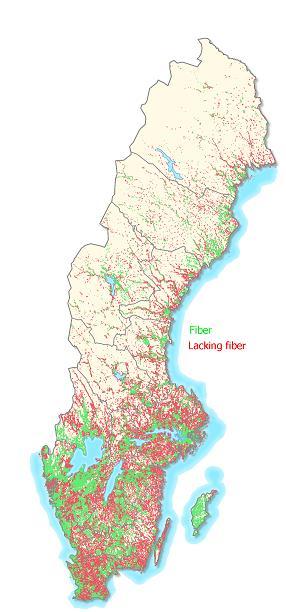 Hushåll med tillgång till 100 Mbit/s Totalt antal hushåll på landsbygden: 419 766 Med fiber: 92 348 hushåll (22%) Utan fiber: 327 418 hushåll (78%) * = Fiber * = Fiber saknas Landsbygd Småort (50 - <