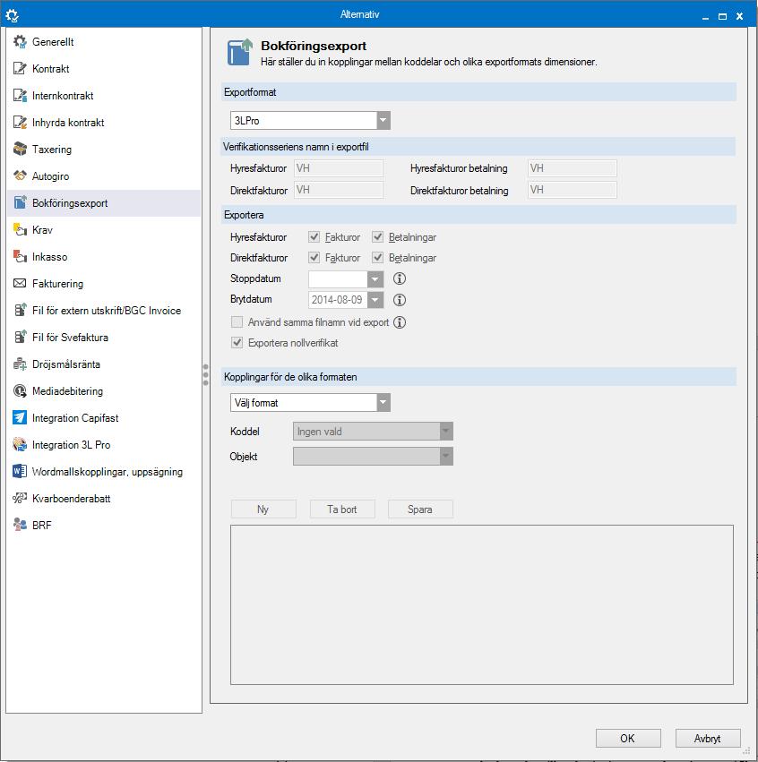 Skapa bokföringsfil GENERELLA INSTÄLLNINGAR För att en export ska fungera så måsten inställningarna vara gjorda under Meny->Inställningar->Alternativ->Bokföringsexport.