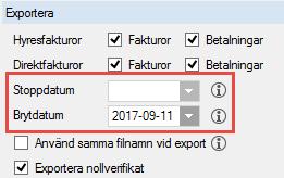 Urval är möjligt att göra på bokföringsdatum. Du kan också välja om du inte vill skapa bokföring av alla fyra typer (Hyresfakturor, Hyresbetalningar, Direktfakturor, Direktfakturabetalningar).