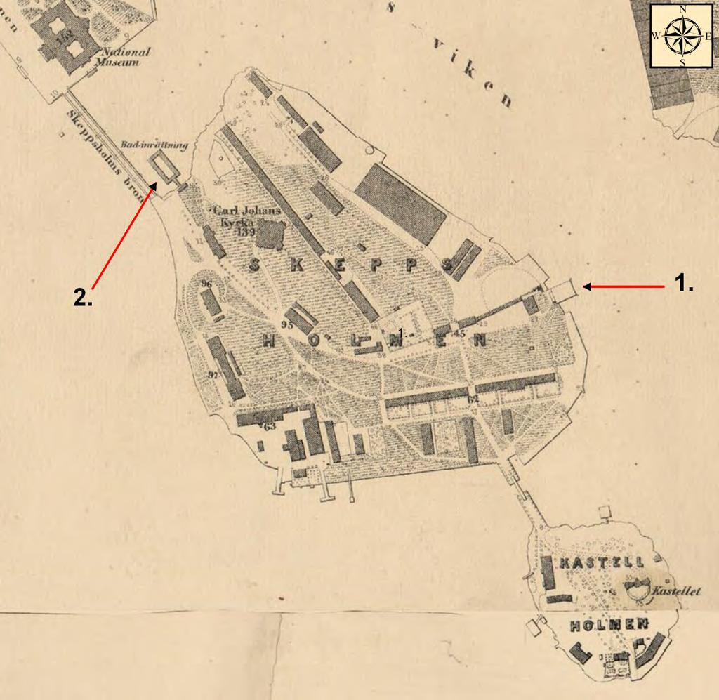 9.3. Fruntimmers bad/ Flottans bad år 1870 på Skeppsholmen Utsnitt av karta från år1870 som visar platsen för fruntimmer bad och Flottans bad på