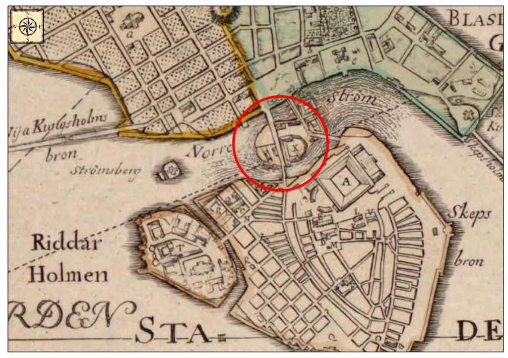 9.4 Helgeandsholmen Utsnitt av karta från år 1751 som visar platsen för Helgeandsholmen där bad