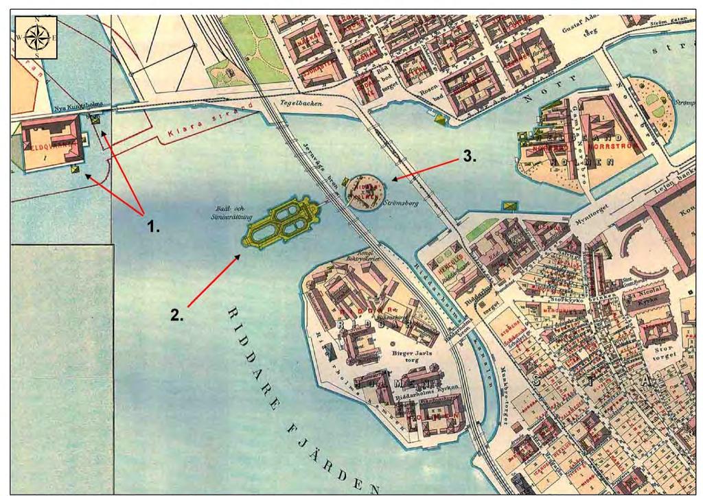 9.5 Strömsborg mm. År 1885 Utsnitt av karta från år 1885 som visar platserna för Strömsborg samt badsumpar i Stockholm.