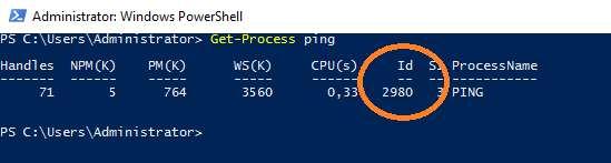 3 Steg 5: I konsol för Windows PowerShell, skriv in följande kommando: Get- Process ping, klicka därefter på Enter. Du skall få samma PID som visades med kommandot i Steg 4 (i mitt fall 2980).