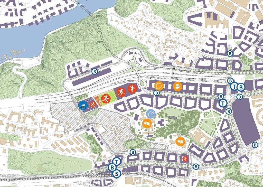 9 (13) Idrottshallar Ishall Fotbollsplan Simhall Gymnasium Vercity Grundskola Nacka aula Nya Griffelvägen som leder från överdäckningen (Mötesplats Nacka) till trafikplats Kvarnholmen blir huvudgata