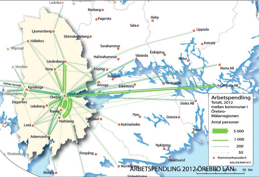 Karta 1: Mellankommunal pendling Örebro län, 2012. Ser man då till vart människor pendlar, framgår av Karta 1 att det finns två viktiga noder i Örebro län; Örebro och Karlskoga.