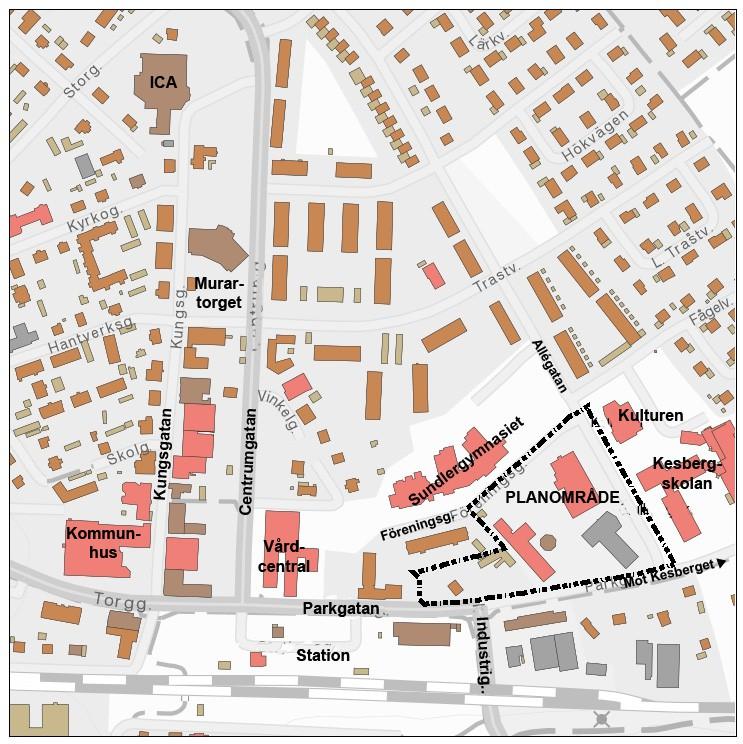 Planområde med omgivningar. För en mer detaljerad karta med fastighetsgränser m.m., se grundkarta.