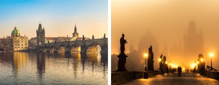 Ibland är det dimmigt på Karlsbron, men även då är det vackert. Slottet i Prag (4.6 km) Slottet i Prag är en stor byggnad, vackert belägen vid floden Moldau (Vltava).