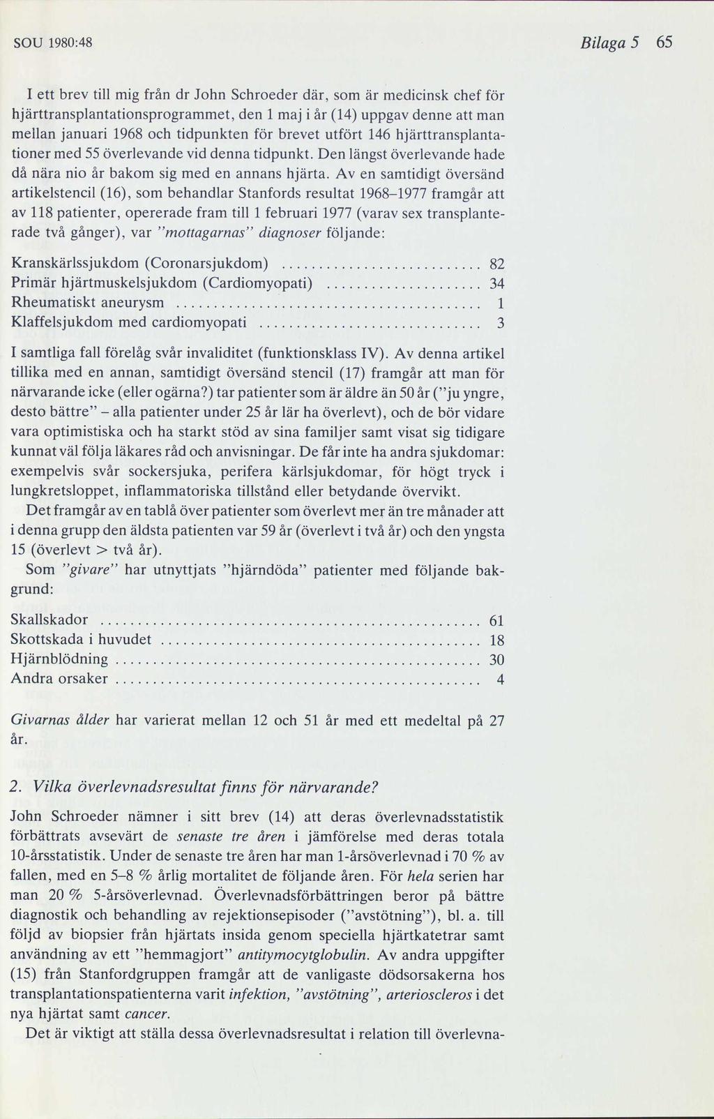 SOU 1980:48 Bilaga 5 65 I ett brev till mig från dr John Schroeder där, som är medicinsk chef för hjärttransplantationsprogrammet, den 1 maj i år (14) uppgav denne att man mellan januari 1968 och