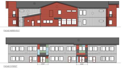 Förskolan byggs i två plan. På plan 1: tre hemvisten, gemensamt torg, gemensam matsal samt kök.