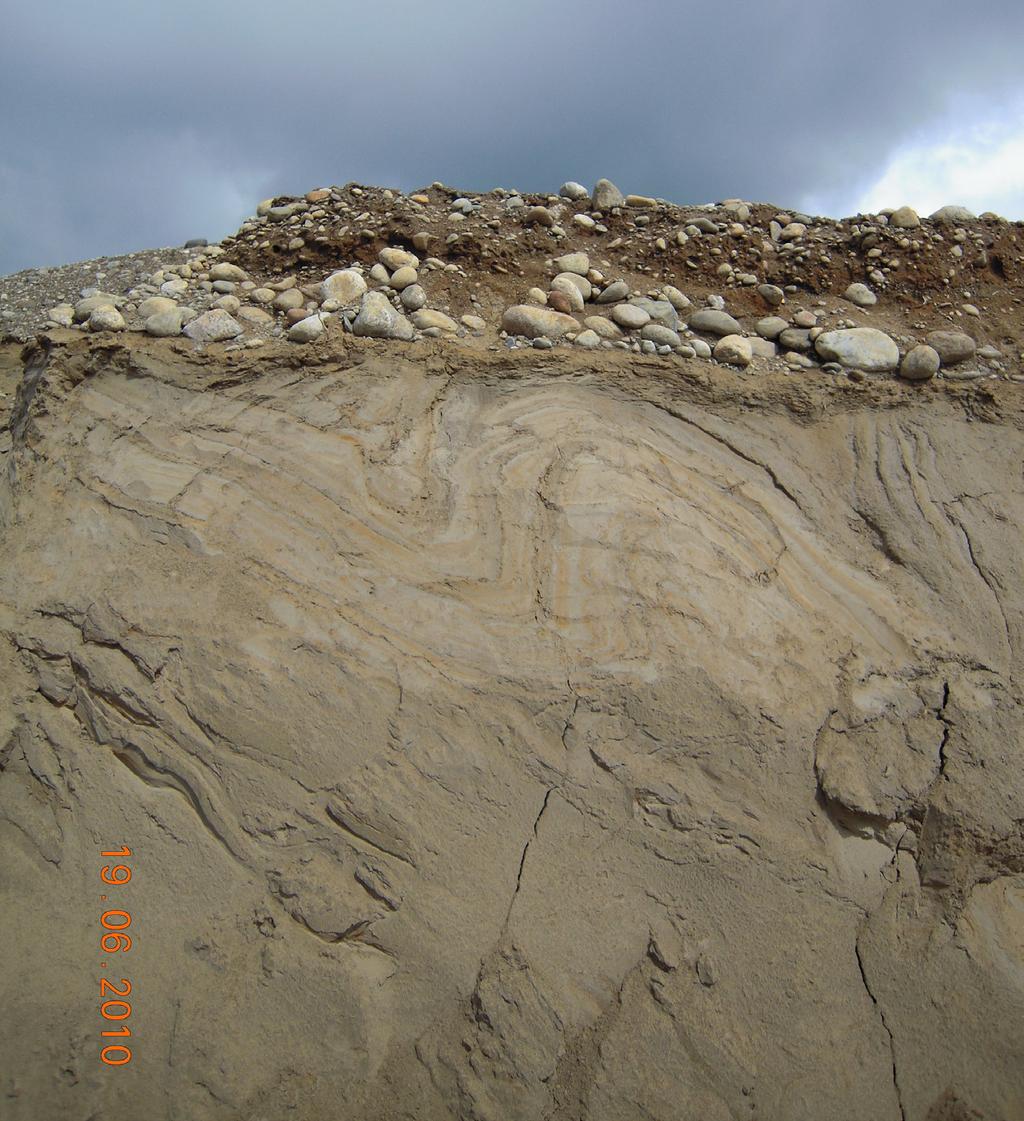 Figur 13. en sandiga enheten i dessa siltiga sandiga sediment är veckad mot ostsydost. Sanden överlagras av ett massivt sandigt grus. Övergången är skarp och delvis erosiv. Foto: Kristian Schoning.