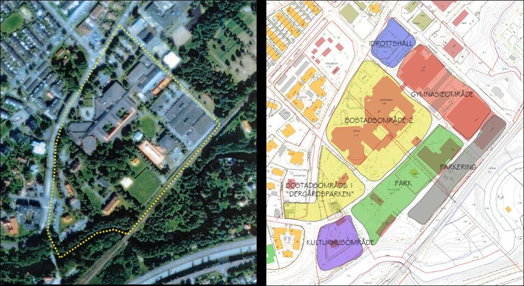 1 Bakgrund Dergårdsområdet är beläget i centrala Lerum, direkt öster om Alingsåsvägen och norr om Säveån. I området finns idag bland annat Lerums gymnasium och parkeringsytor.