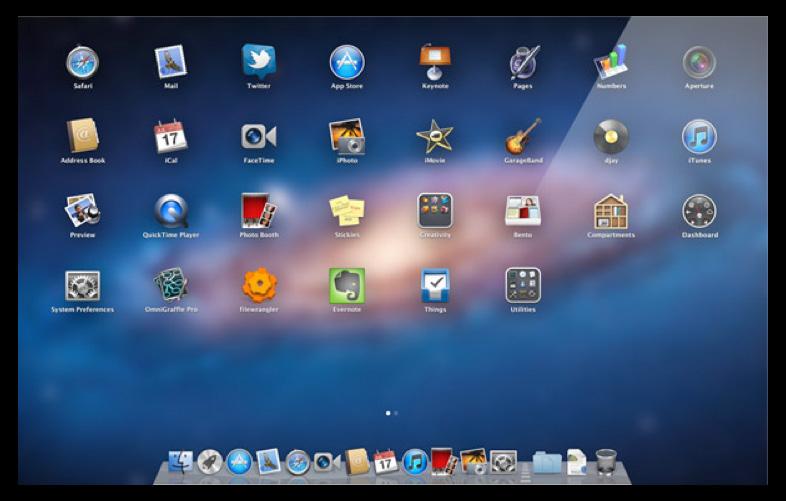 När du klickar på Launchpad-symbolen i Dock så ersätts det öppna fönstret med en helskärmsvy över alla appar som finns på datorn.