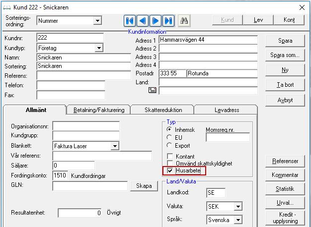 På de kunder som skall faktureras med avdrag för skattereduktion för husarbeten behöver du på kundkortet i menyn Register - Kontakt - Kund bocka i