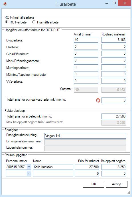 När du registrerat dina fakturarader klickar du på knappen Husarbete och en ny bild öppnas.