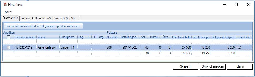 Ansökan I menyn Bearbeta - Kundreskontra - Husarbete kan du se alla husarbetsfakturor i olika flikar beroende på vilken status fakturan har.