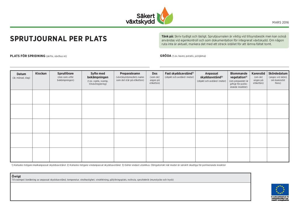 Dokumentation vid spridning Fyll i sprutjournalen i samband med bekämpning Lämna inga tomma fält i journalen (om