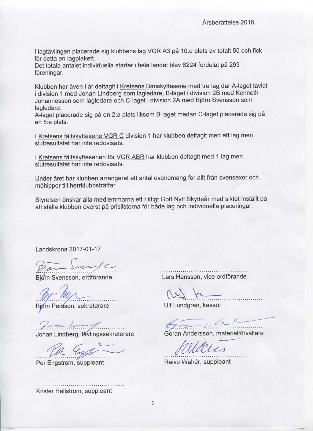 Arsberattelse 2016 I lagtavlingen placerade sig klubbens lag VGR A3 pa 10:e plats av totalt 50 och fick for detta en lagplakett.