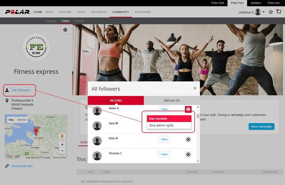 Så här lägger du till admin.rättigheter till ditt gyms instruktörer: Klicka på Alla följare på den vänstra sidan av skärmen, hitta instruktören, klicka på inställningsikonen och välj Ge admin.