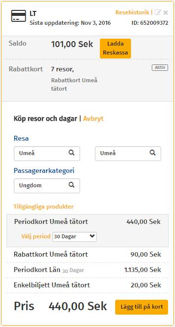 Välj sedan vilken Passagerarkategori du vill fylla på. Utifrån den sträcka och passagerarkategori du valt kommer de olika alternativen fram.