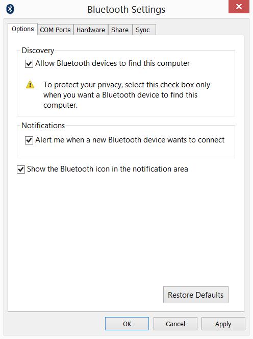 4. Markera Tillåt Bluetooth-enheter att hitta denna dator kryssruta, klicka påtillämpa, och klicka sedan på OK.