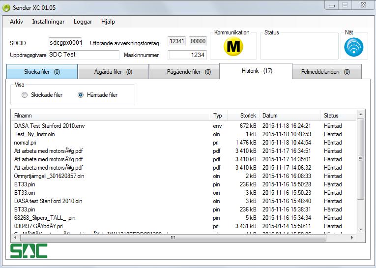 4 Hämta filer Sender XC kan hämta filer (t.ex. instruktioner) från SDC.