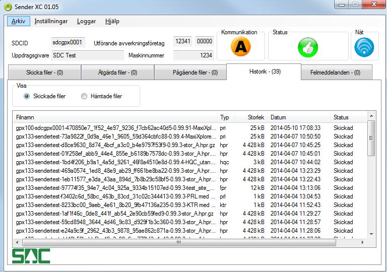 Knappen Ta bort: markerad fil flyttas till Papperskorgen. 5.3 Pågående filer I fliken Pågående filer visas de filer som håller på att bearbetas av Sender XC.