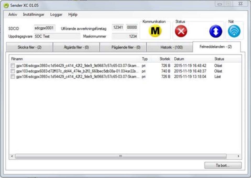 Här visas felmeddelanden som skickats från SDC när ingen bearbetning av insända StanForD-filer kunnat ske pga formatfel. Bild 19.