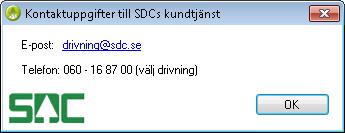 Via knappen Skicka logg till SDC skapas ett e-postmeddelande som kan sändas direkt till SDCs kundtjänst. Loggen bifogas i meddelandet.