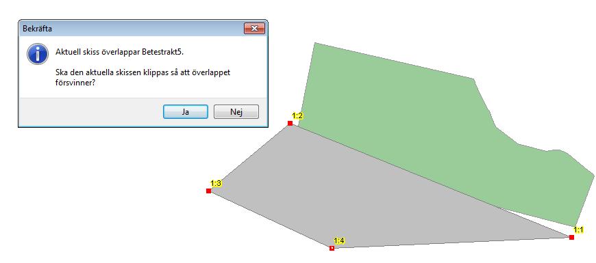 Du kan nu välja om det senare beteslandet ska klippas så att överlappningen försvinner, d.v.s. att kanten följer kanten på det tidigare beteslandet. I så fall klicka på Ja.