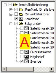 Genom att klicka i rutan för checkmarkeringen styr man vilka teman som ska visas i kartfönstret.