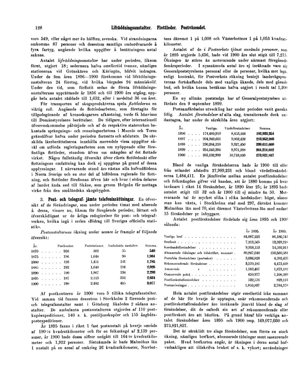 128 Lifräddningsanstalter. Flottleder. Postväsendet. voro 549, eller något mer än hälften, svenska.
