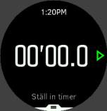 När du öppnar skärmen första gången visas tidtagaruret. Efterföljande gånger kommer klockan ihåg vilken du använde senast, tidtagaruret eller nedräkningstimern.