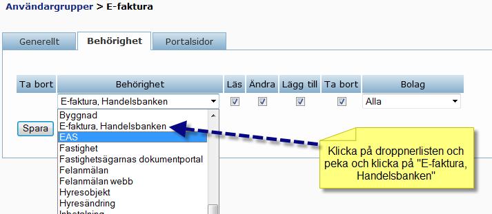 Att skapa användargruppen E-faktura och ge behörighet.