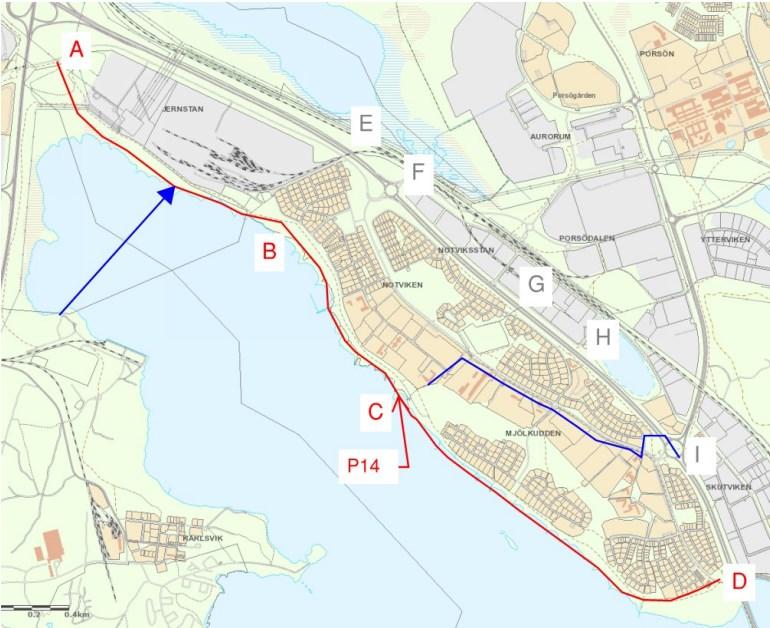 4.1 Alternativ 1 Alternativ 1 innebär va-stråk längs Notviks- och Mjölkuddsstranden, se figur 2. Figur 2. Översikt alternativ 1, Östra Länken Etapp 4E. 4.1.1 Sträcka A till B Sträckan är gemensam för alternativen 1, 2b och 3.