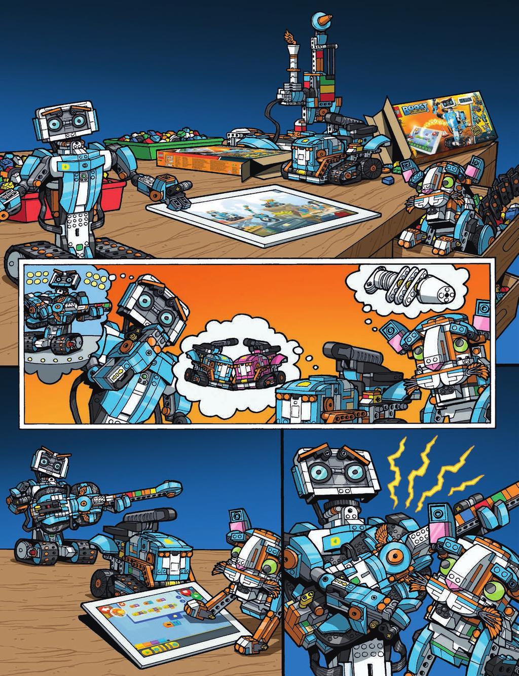 LEGO BOOST PRESENTERAR: ROBOT ROCK! Midnatt i LEGO BOOST studion. Fyra modeller Vernie, katten Frankie, M.T.R.4 och AutoBuilder är redo att börja bygga. Wow!